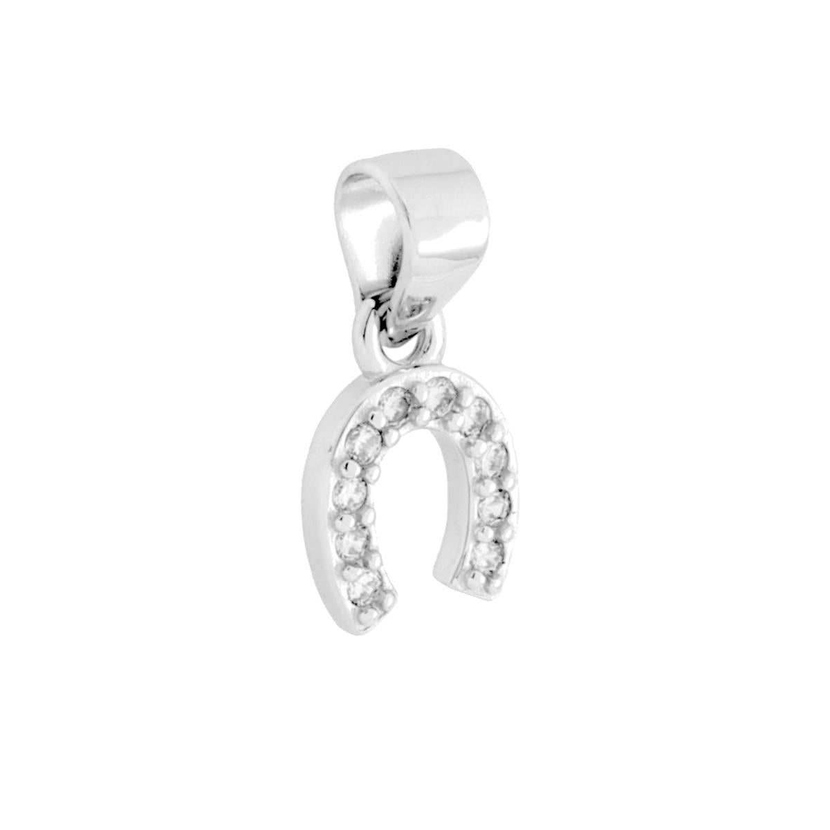 Ciondolo Mini Ferro di Cavallo Portafortuna con Cubic Zirconia Bianchi in ARGENTO 925 Galvanica Rodio<BR>