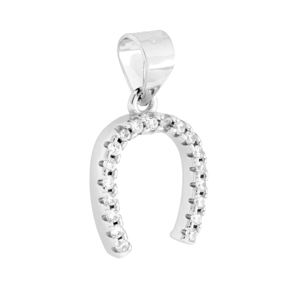 Ciondolo Ferro di Cavallo Portafortuna con Cubic Zirconia Bianchi in ARGENTO 925 Galvanica Rodio