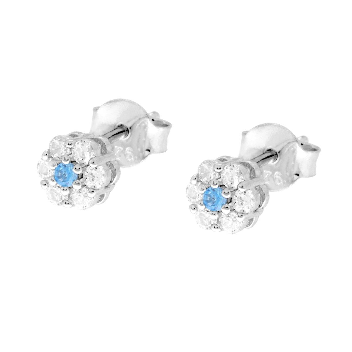 Orecchini Fiore con Cubic Zirconia Bianchi e Acquamarina in ARGENTO 925 Galvanica Rodio<BR>