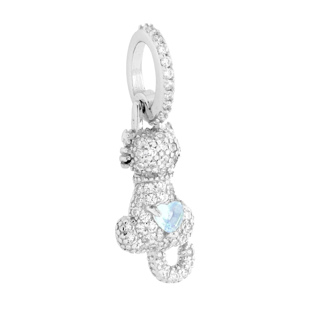 Ciondolo Gatto con Cuore Acquamarina e Cubic Zirconia Bianchi in ARGENTO 925 Galvanica Rodio<BR>
