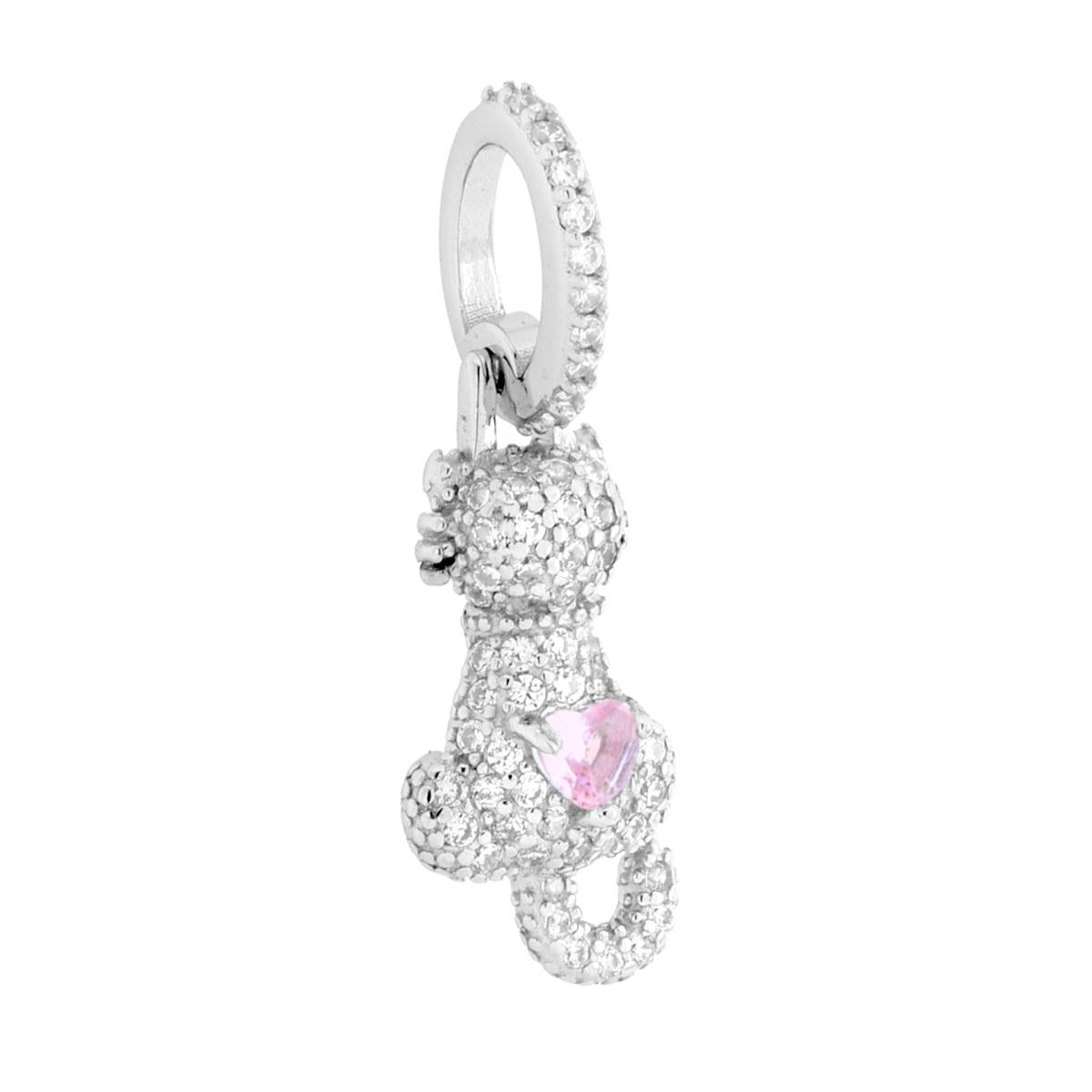 Ciondolo Gatto con Cuore Rosa e Cubic Zirconia Bianchi in ARGENTO 925 Galvanica Rodio<BR>