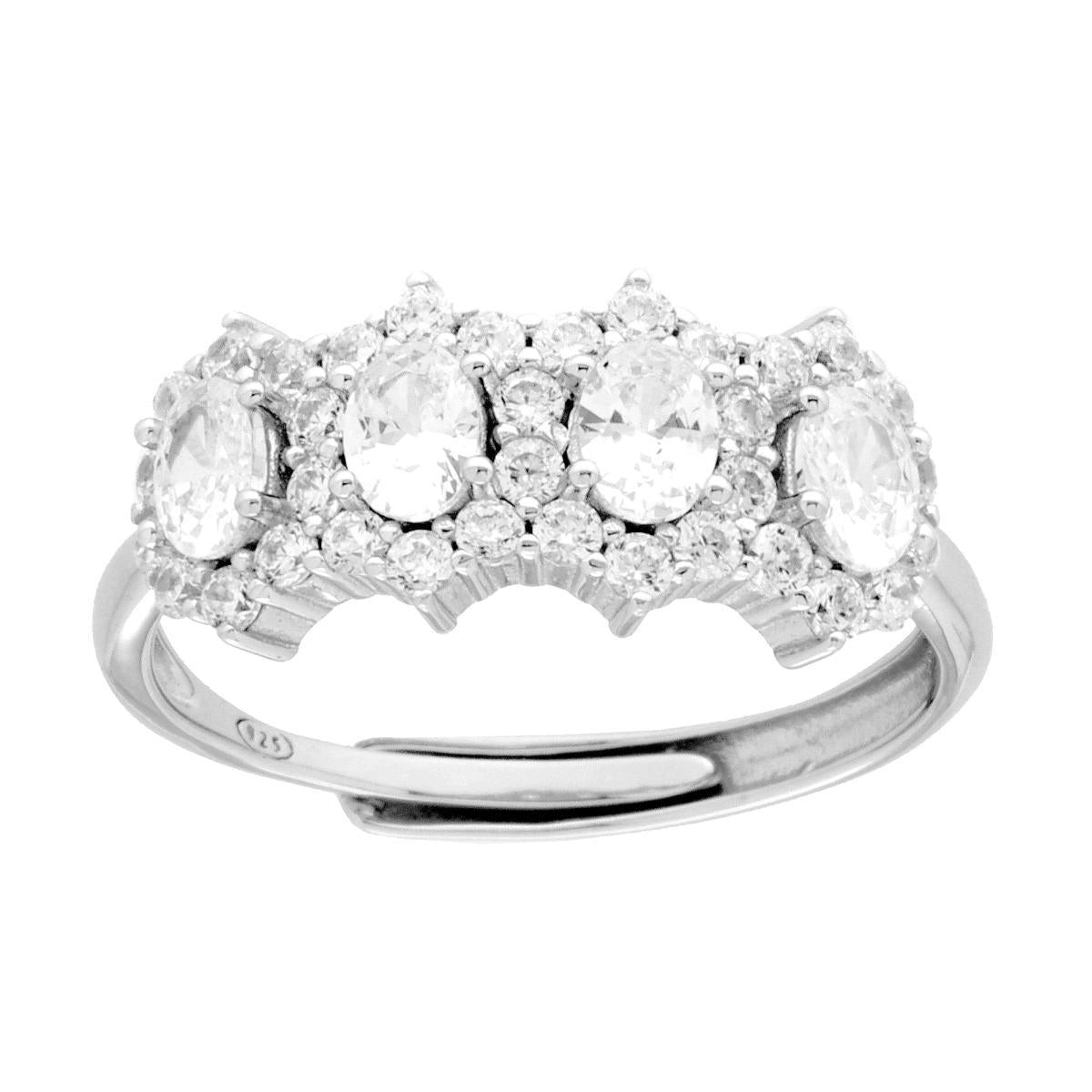 Anello Veretta Fiori Ovali con Cubic Zirconia Bianchi in ARGENTO 925 Galvanica Rodio<BR>