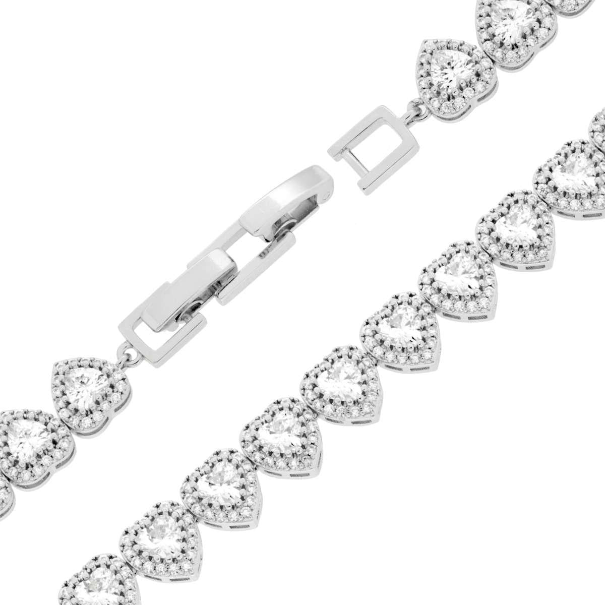 Bracciale Tennis cm 17+1 Cuore Cubic Zirconia Bianco contornato da Cubic Zirconia Bianchi in OTTONE Galvanica Rodio<BR>