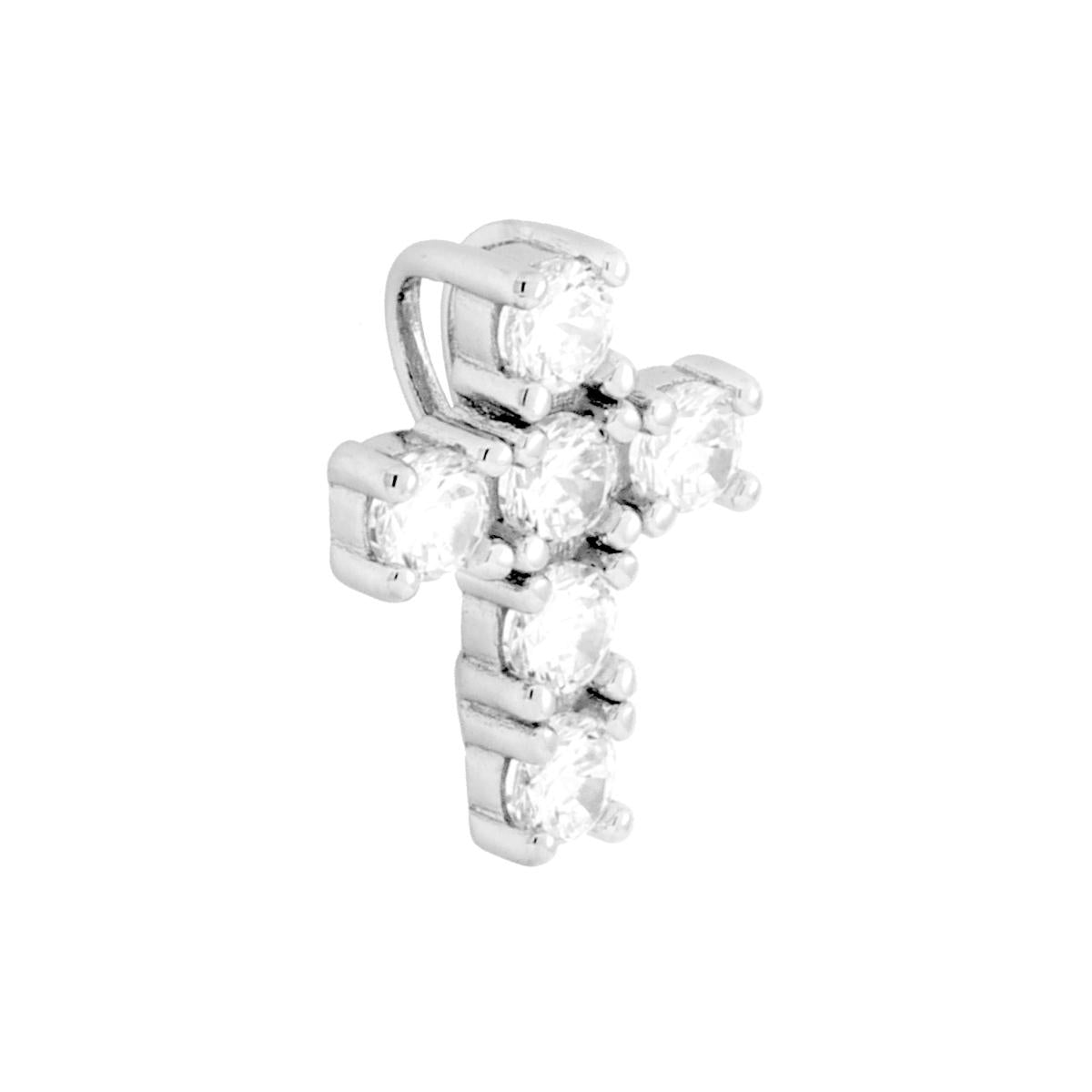 Ciondolo Croce con Cubic Zirconia Bianchi in ARGENTO 925 Galvanica Rodio<BR>