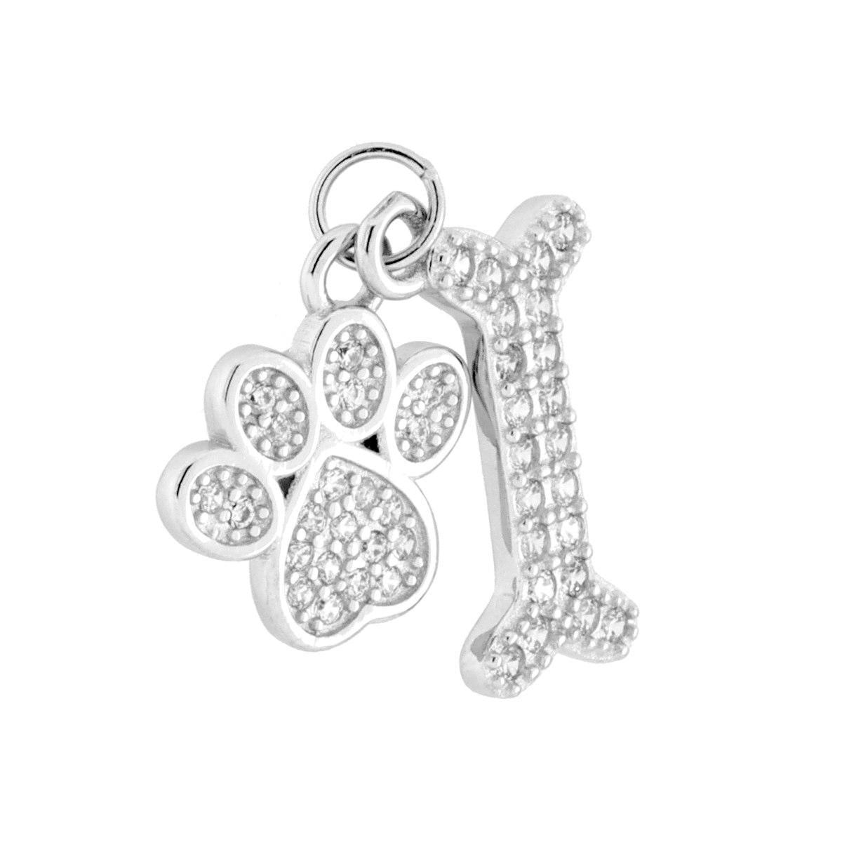 Ciondolo con Doppio Pendente Zampa Cane e Osso con Cubic Zirconia Bianchi in ARGENTO 925 Galvanica Rodio<BR>