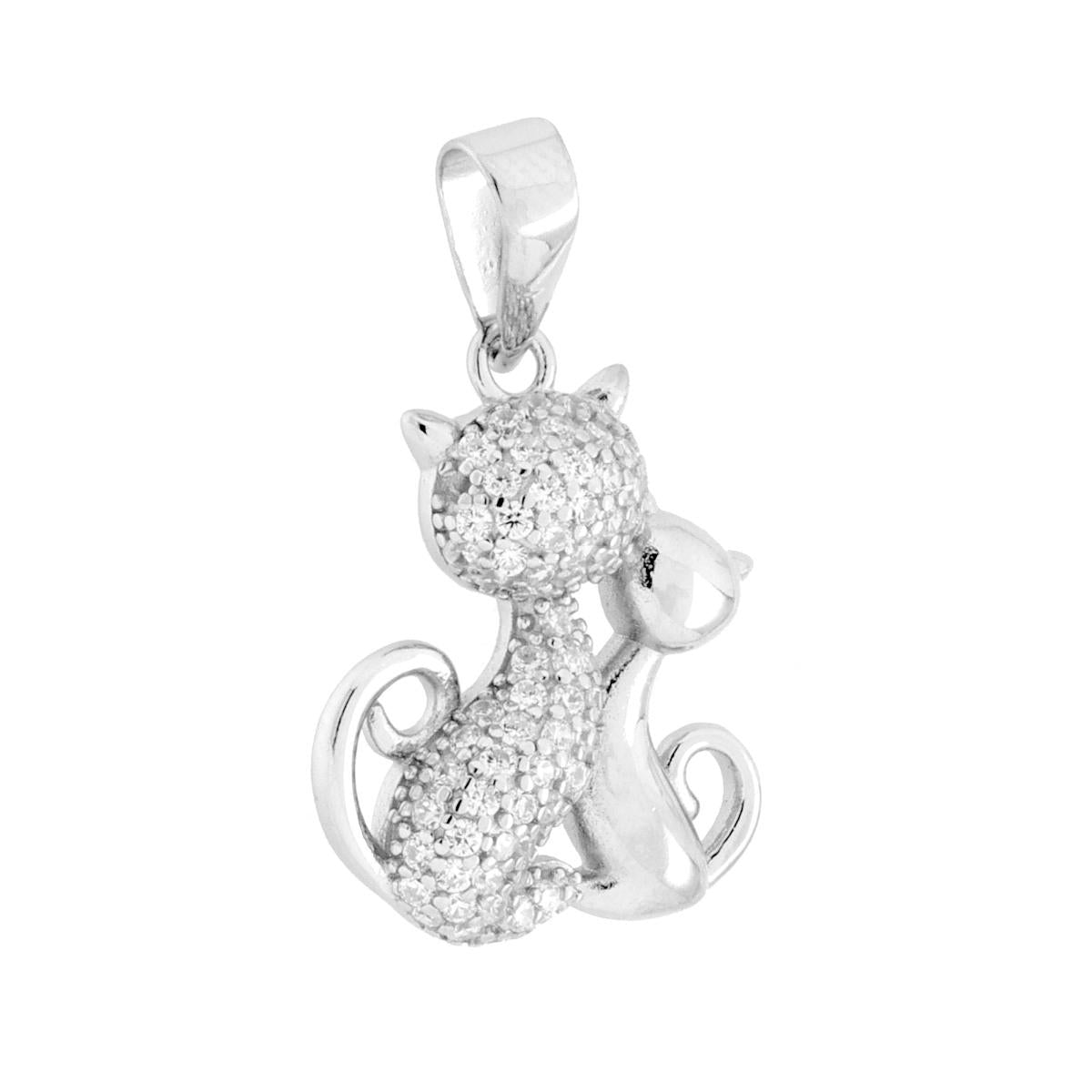 Ciondolo due Gatti con Cubic Zirconia Bianchi in ARGENTO 925 Galvanica Rodio<BR>