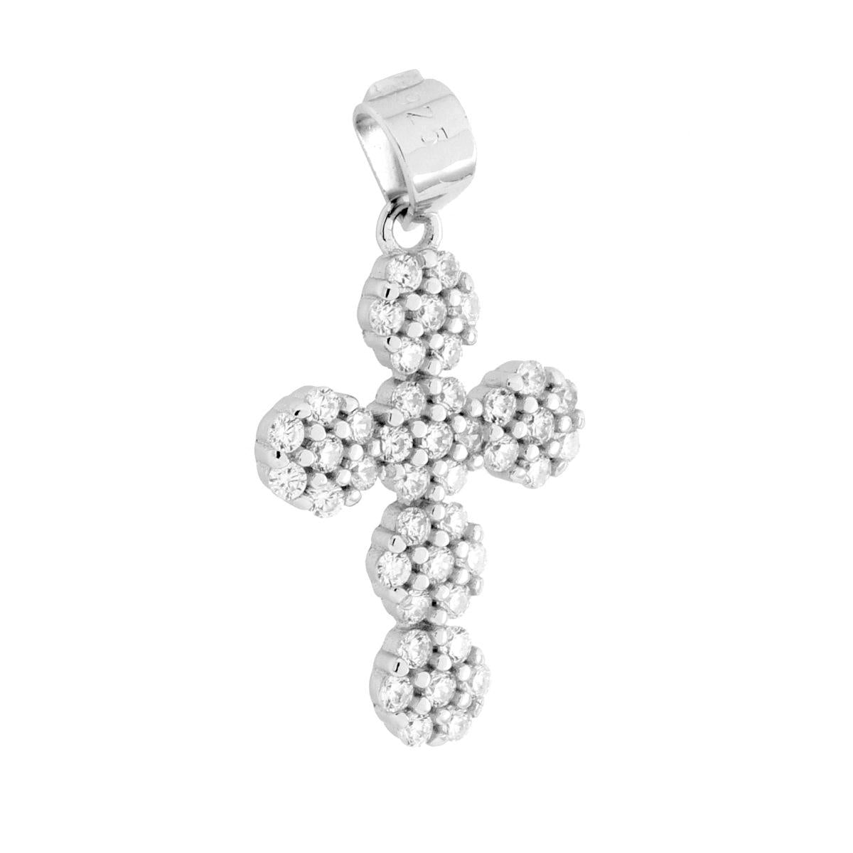 Ciondolo Croce con Fiori Cubic Zirconia Bianchi in ARGENTO 925 Galvanica Rodio<BR>