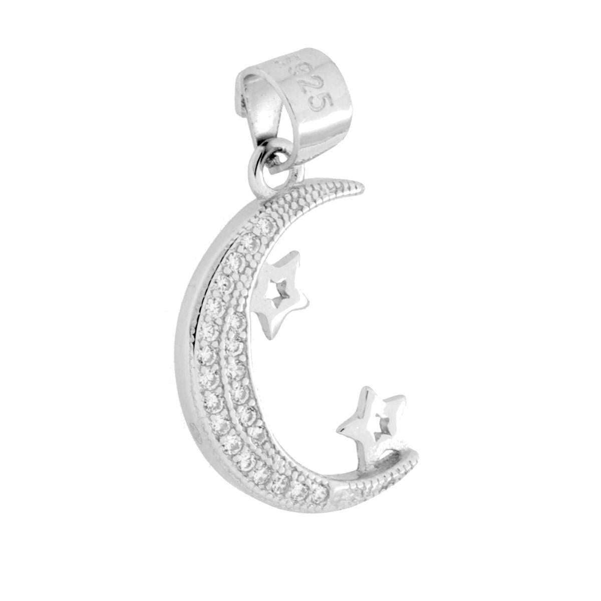 Ciondolo Luna e Stelle con Cubic Zirconia Bianchi in ARGENTO 925 Galvanica Rodio