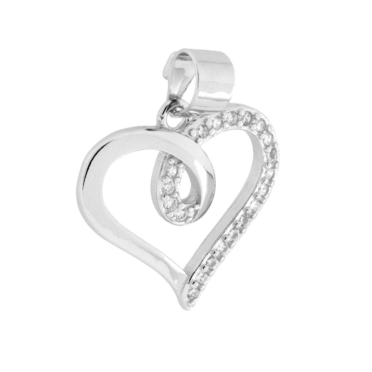 Ciondolo Cuore Nastro con Cubic Zirconia Bianchi in ARGENTO 925 Galvanica Rodio<BR>
