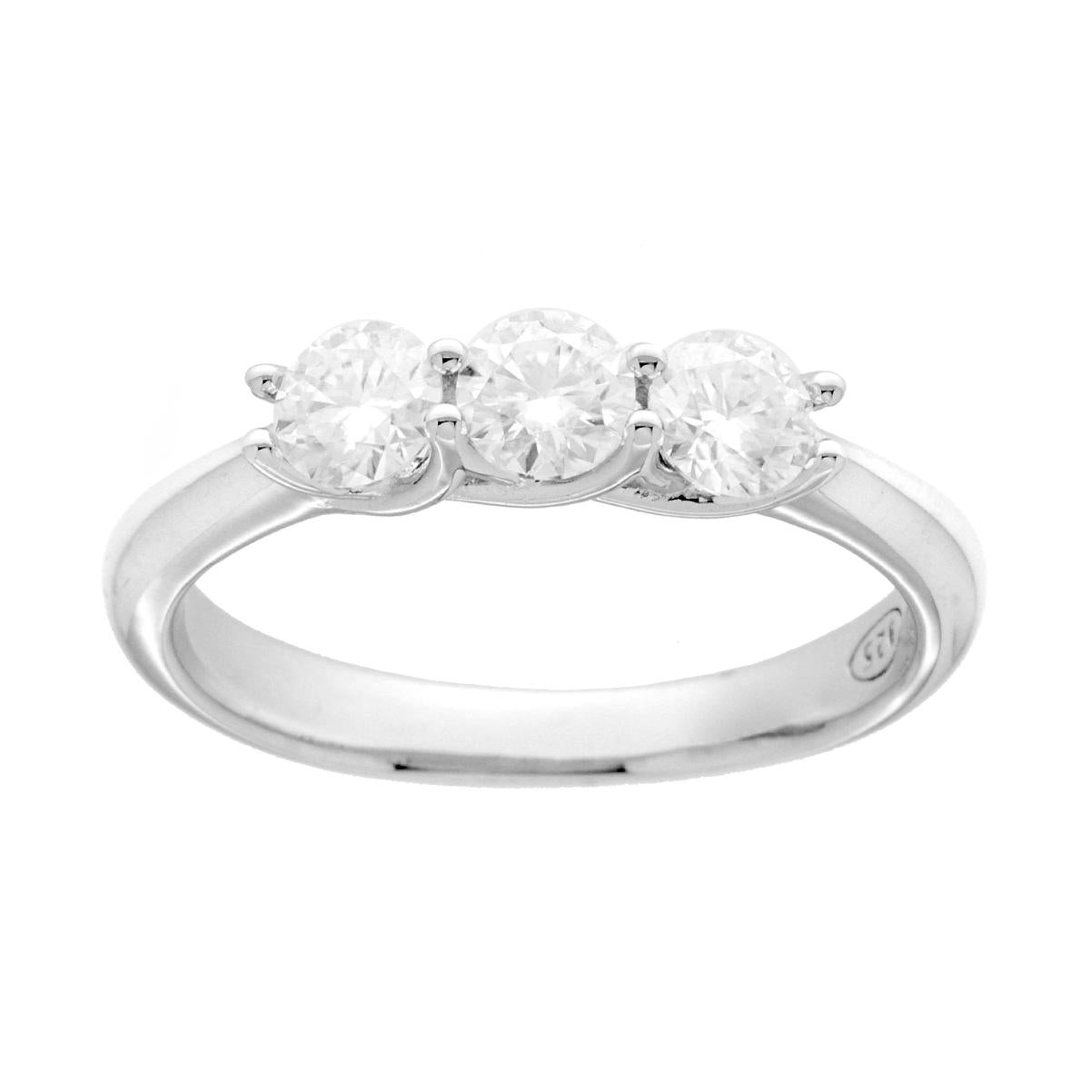 Anello Trilogy con MOISSANITE Bianco mm 4 in ARGENTO 925 Galvanica Rodio<BR>