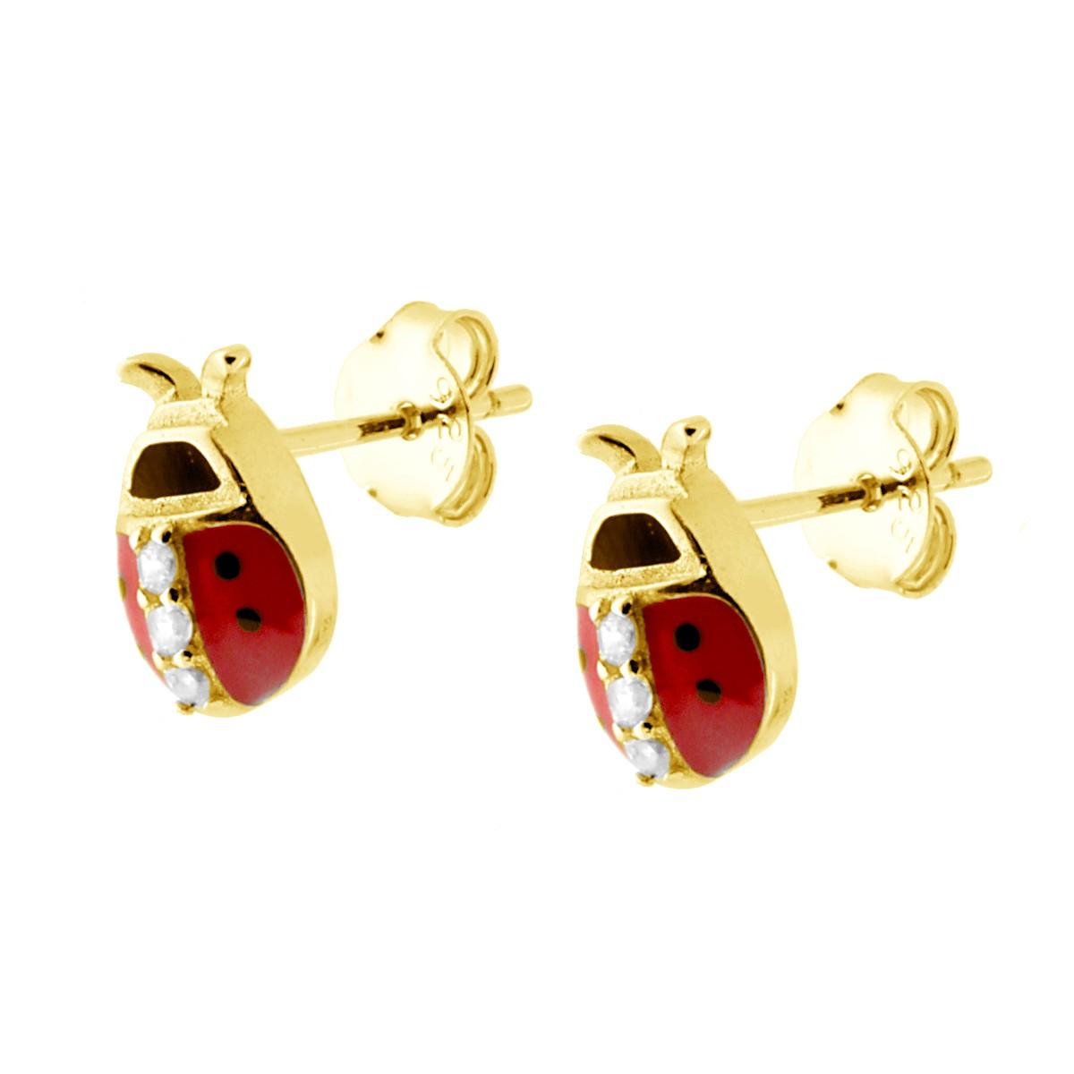 Orecchini Coccinella con Smalto Rosso e pois Neri con Zirconi Bianchi centrali in ARGENTO 925 Galvanica Oro