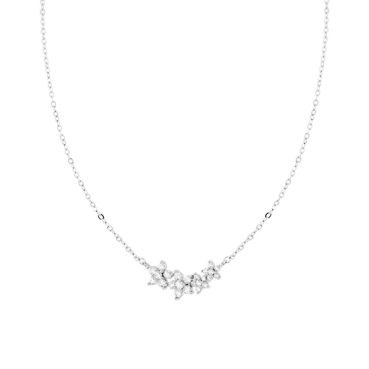 Collana Catena Forzatina Diamantata Fiori con Cubic Zirconia Bianchi in ARGENTO 925 Galvanica Rodio<BR>