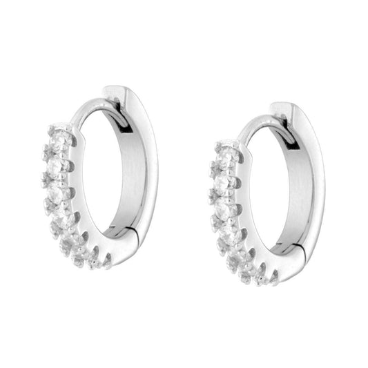 Orecchini Cerchio mm 14 con Cubic Zirconia Bianchi in ARGENTO 925 Galvanica Rodio<BR>