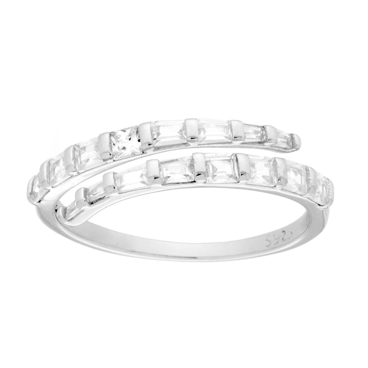 Anello Contrarie con Cubic Zirconia Bianchi taglio Baguette in ARGENTO 925 Galvanica Rodio<BR>