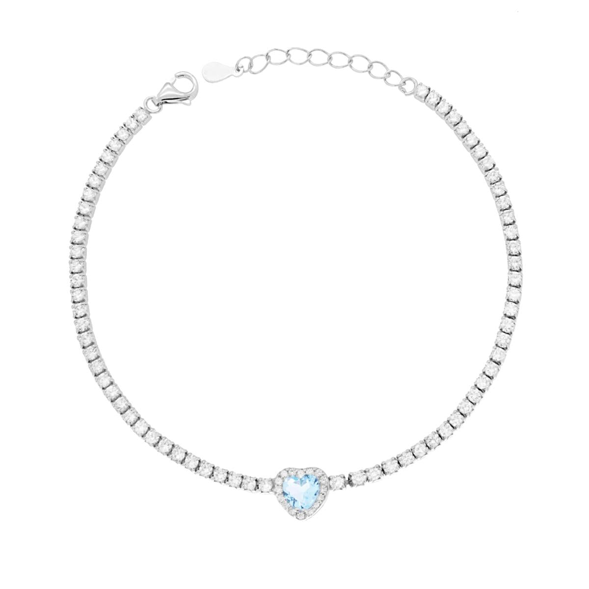 Bracciale Tennis Griffe cm 17+3 con Cubic Zirconia mm 2 Cuore centrale Acquamarina contornato da Cubic Zirconia Bianchi in RAME Galvanica Rodio<BR>