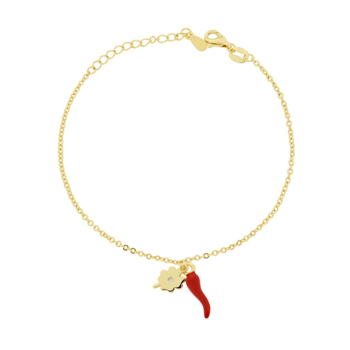 Bracciale Catena Forzatina Diamantata con Corno Rosso Quadrifoglio e Cubic Zirconia Bianco in RAME Galvanica Oro<BR>