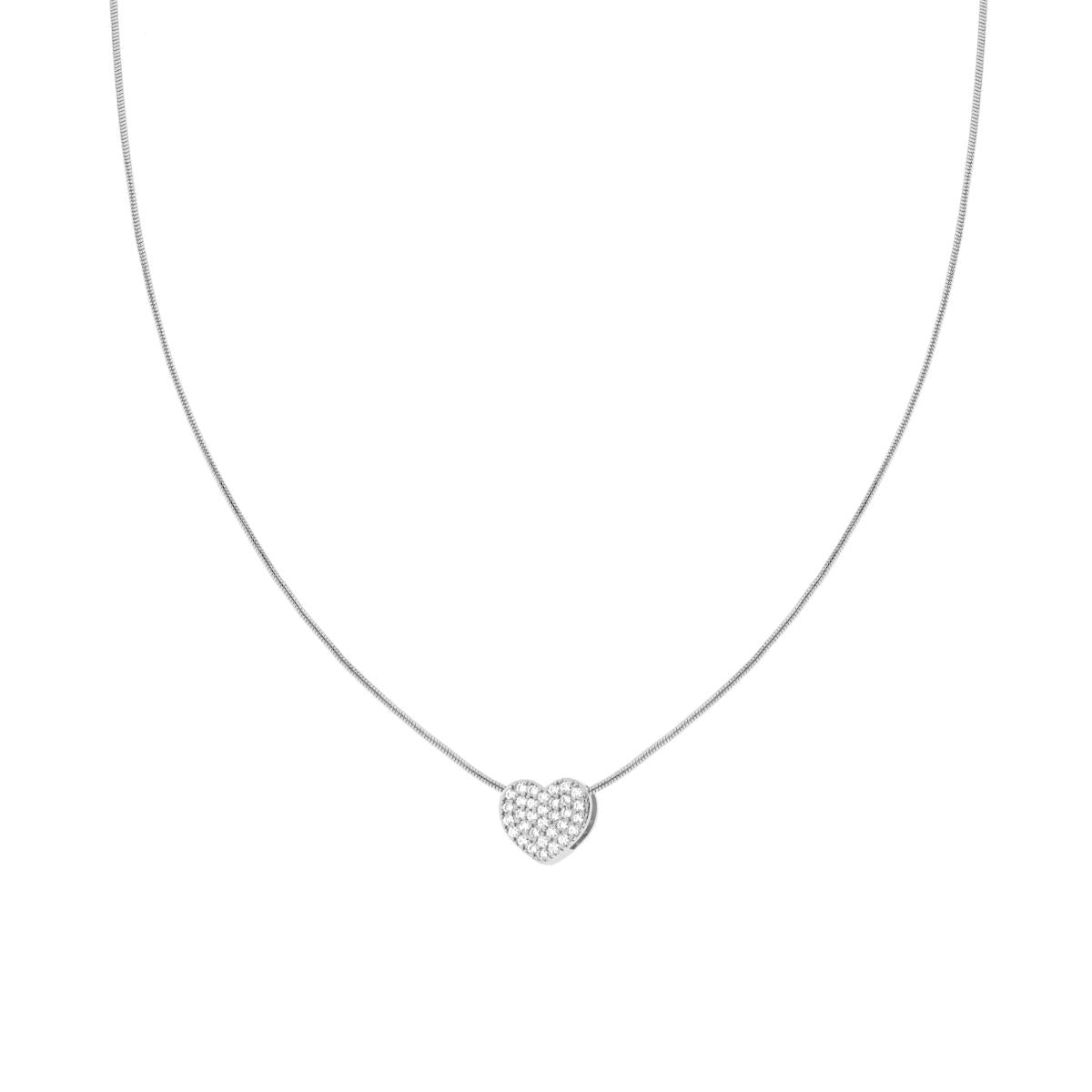 Collana Catena Coda di Topo con Cuore e Cubic Zirconia Bianchi in RAME Galvanica Rodio<BR>