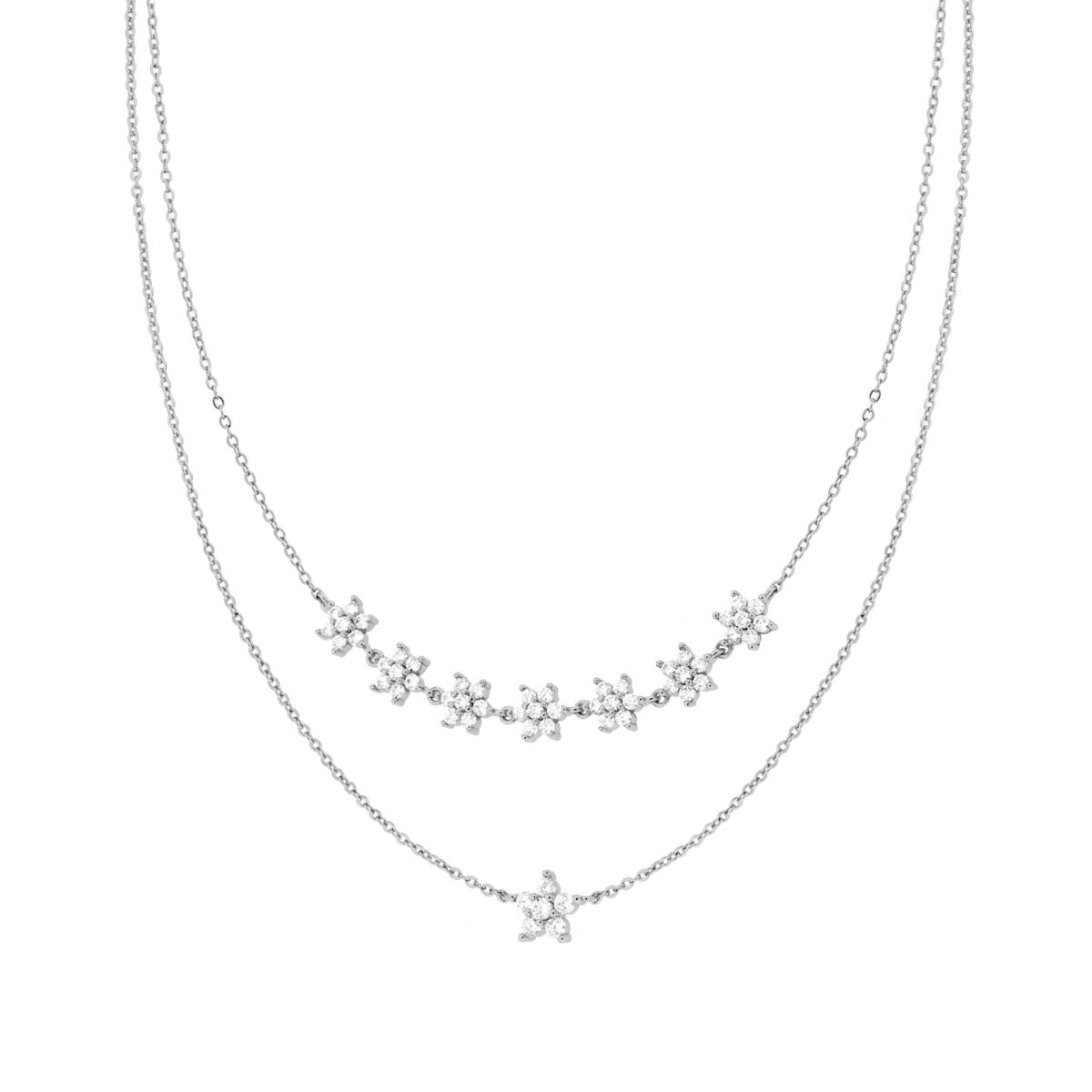 Collana due fili Catena Forzatina Diamantata con Fiori e Cubic Zirconia Bianchi in RAME Galvanica Rodio<BR>