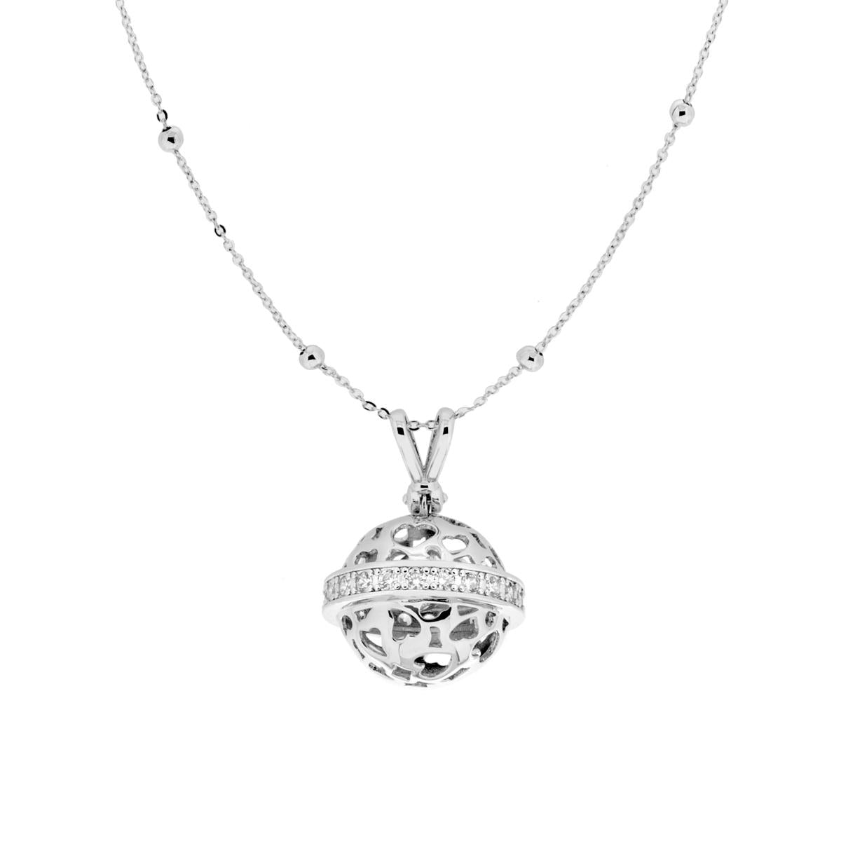 Collana Catena Forzatina con Palline cm 70+5 e Chiama Angeli Cuori con Cubic Zirconia Bianchi in RAME Galvanica Rodio<BR>
