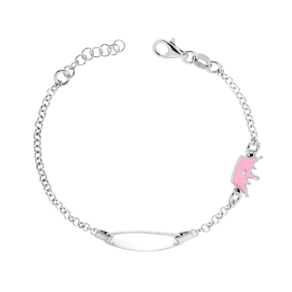 Bracciale Bimbo Bimba Catena Rolo con Targa Ovale e Corona con Smalto Rosa in ARGENTO 925 Galvanica Rodio<BR>