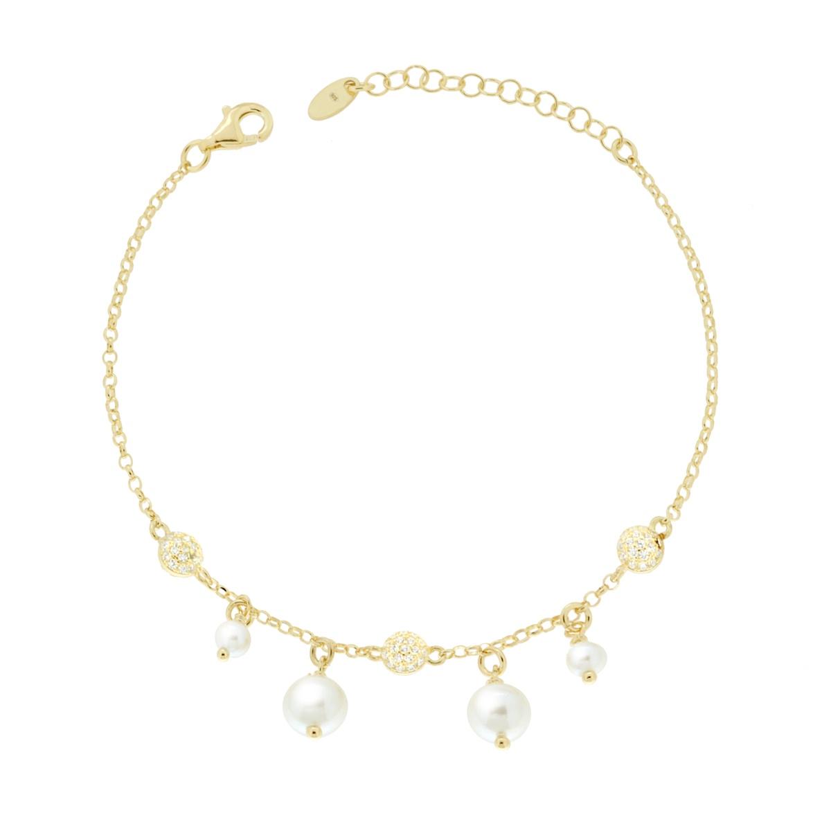 Bracciale Catena Forzatina Diamantata con Perle in Vetro Perlato e Cubic Zirconia Bianchi in ARGENTO 925 Galvanica Oro<BR>