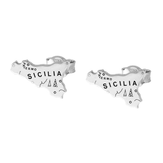Orecchini con sagoma plain a forma di Sicilia mm 8x12 con incisione Decorativa in ARGENTO 925 Galvanica Rodio<BR>