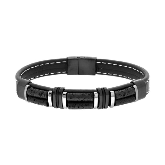 Bracciale in Ecopelle Nero con Pietre Cilindro colore Nero Pietra Lavica in ACCIAIO<BR>