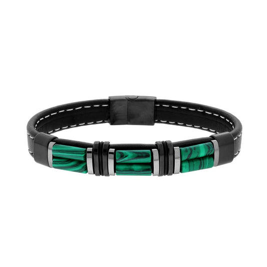 Bracciale in Ecopelle Nero con Pietre Cilindro colore Verde Malachite in ACCIAIO<BR>