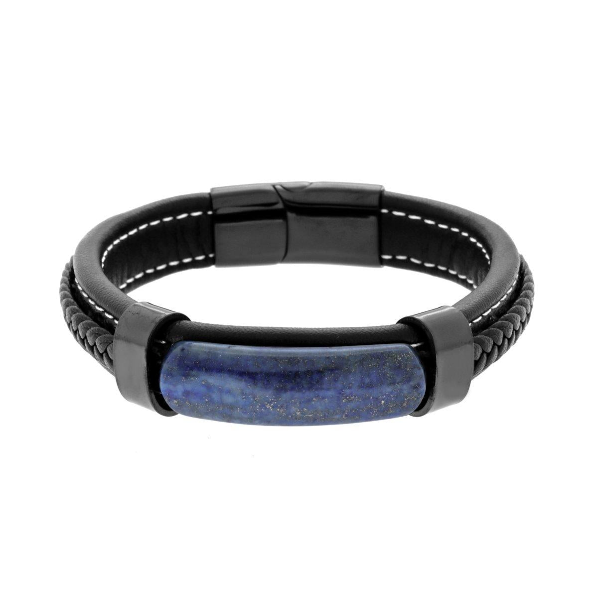 Bracciale in Ecopelle Nero con inserto in Pietra colore Blu Lapislazzuli in ACCIAIO<BR>