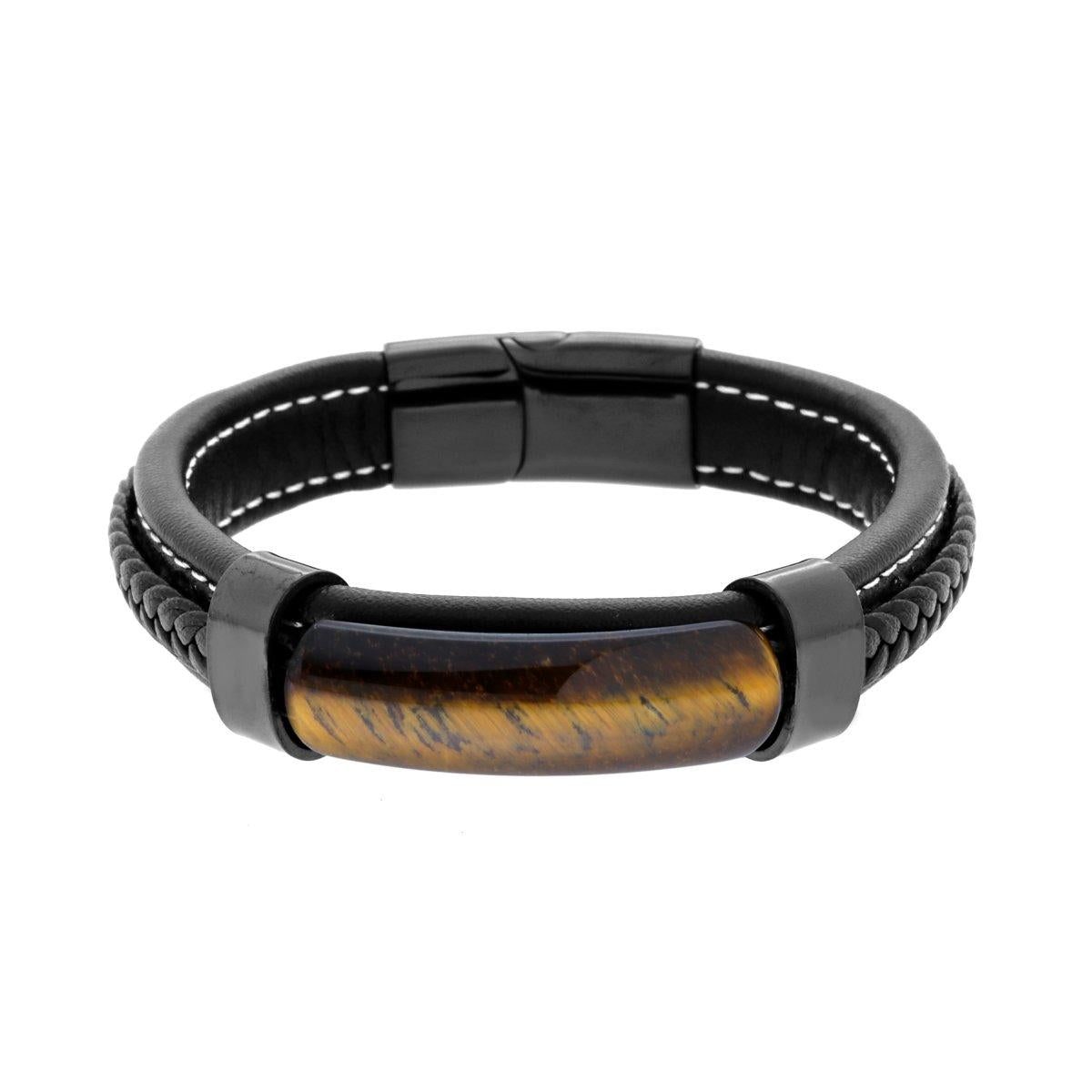 Bracciale in Ecopelle Nero con inserto in Pietra colore Occhio di Tigre in ACCIAIO<BR>