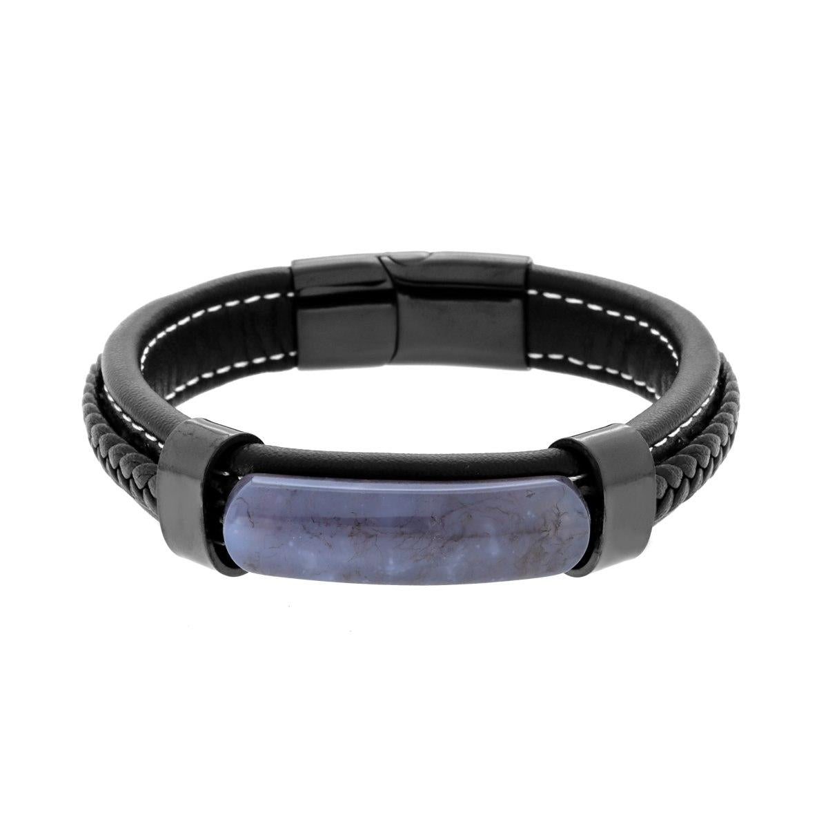 Bracciale in Ecopelle Nero con inserto in Pietra colore Quarzo Viola in ACCIAIO<BR>