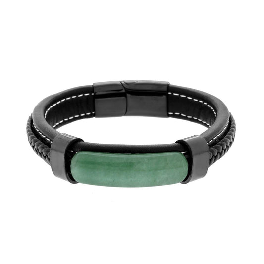 Bracciale in Ecopelle Nero con inserto in Pietra colore Quarzo Verde in ACCIAIO<BR>