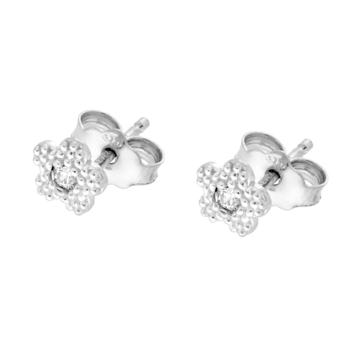 Orecchini Fiore Pallinato con Cubic Zirconia Bianco in ARGENTO 925 Galvanica Rodio<BR>