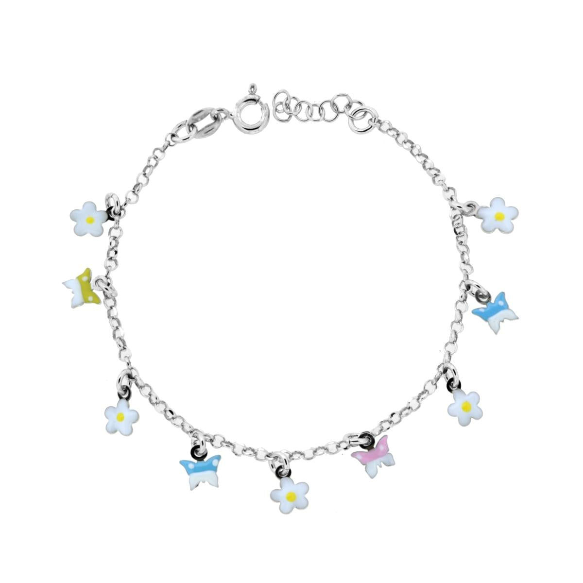 Bracciale Bimbo Bimba con Catena Rolo Diamantata con Fiori e Farfalle Smalto Multicolor in ARGENTO 925 Galvanica Rodio<BR>
