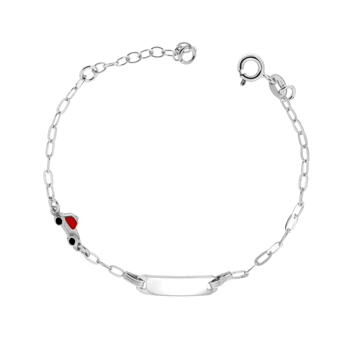 Bracciale Bimbo Bimba Targa Rettangolare con Catena Forzatina Allungata Diamantata e Macchinina con Smalto Rosso in ARGENTO 925 Galvanica Rodio<BR>