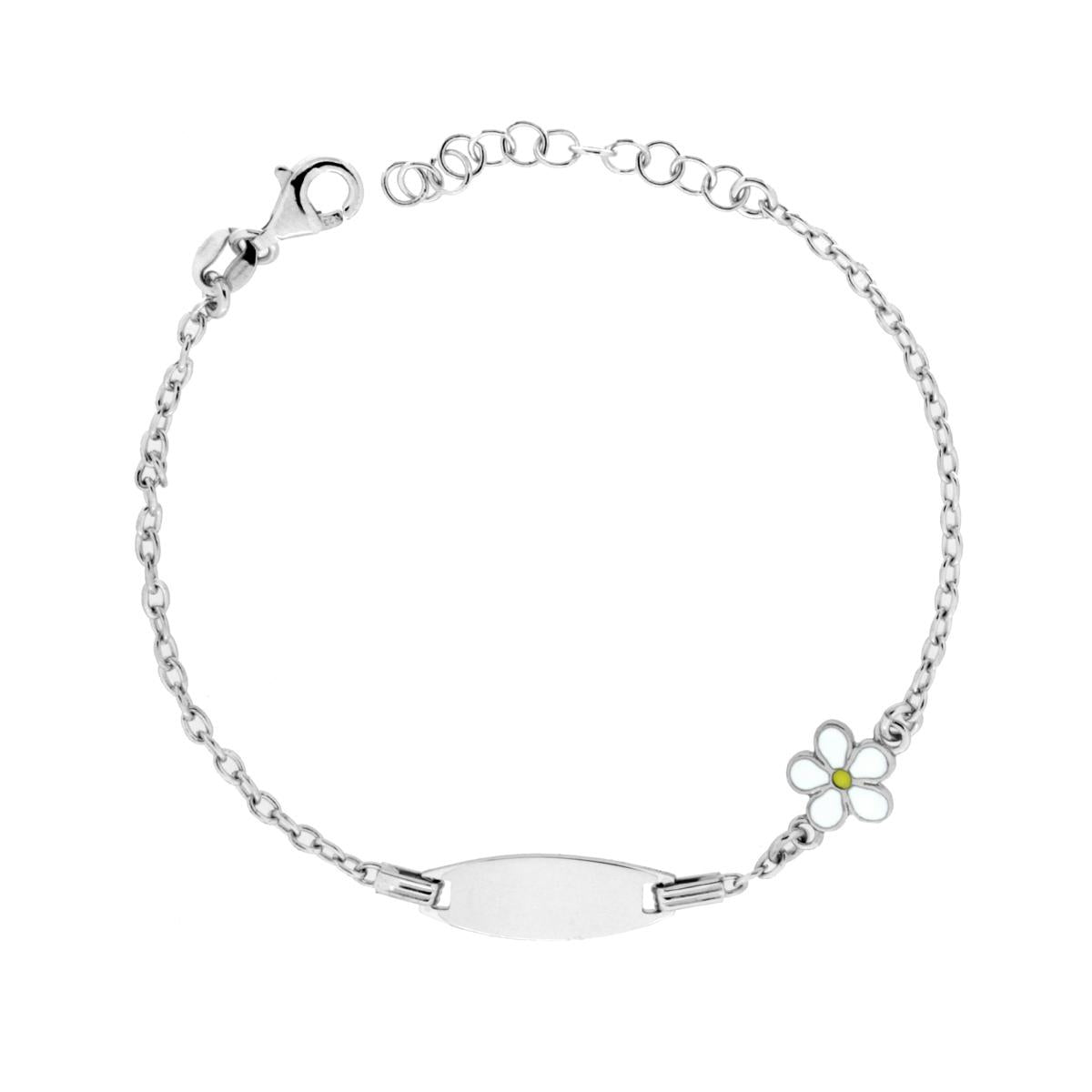 Bracciale Bimbo Bimba Targa Ovale con Catena Rolo Diamantata e Fiore con Smalto Bianco in ARGENTO 925 Galvanica Rodio<BR>