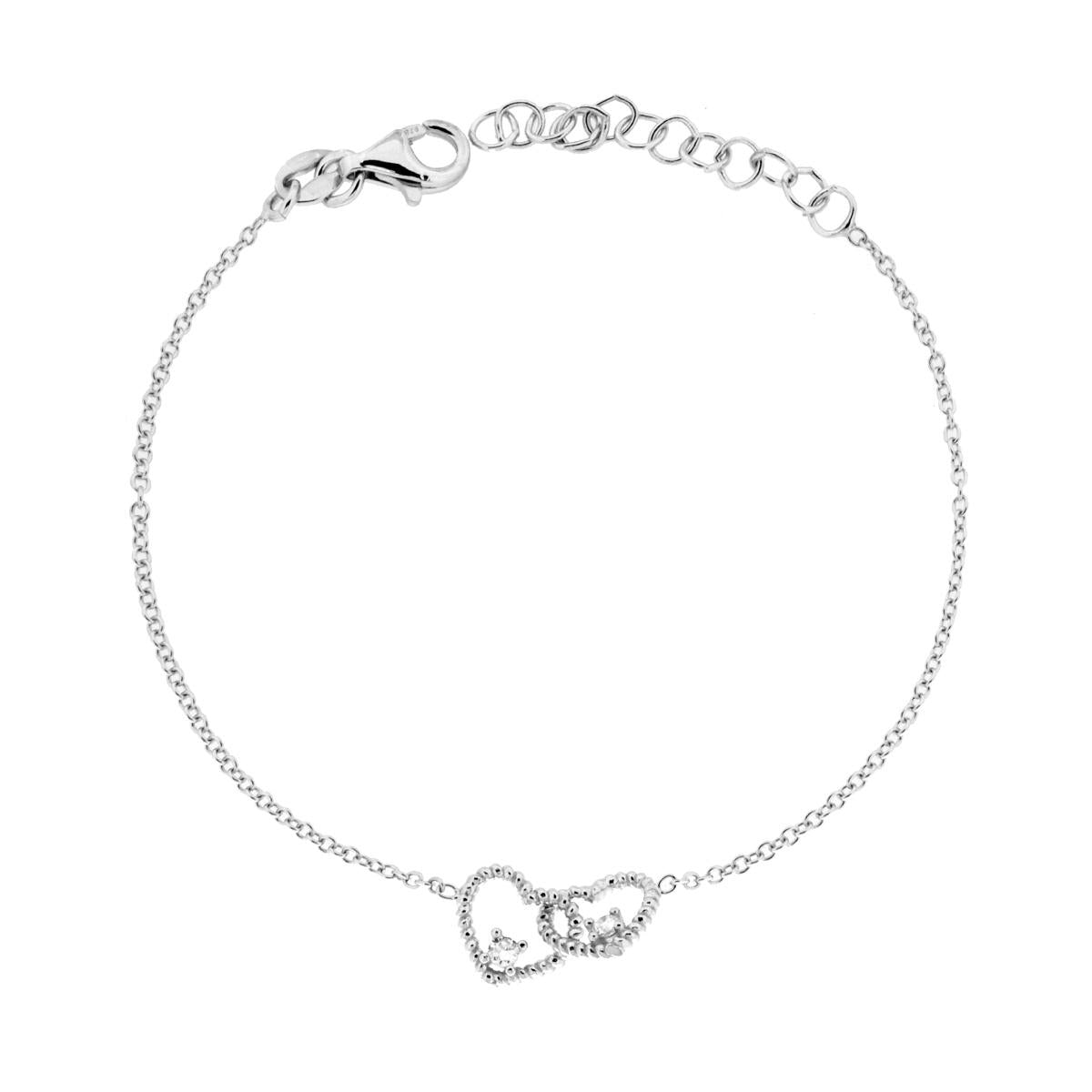 Bracciale Catena Forzatina Diamantata due Cuori intrecciati e Cubic Zirconia Bianchi in ARGENTO 925 Galvanica Rodio