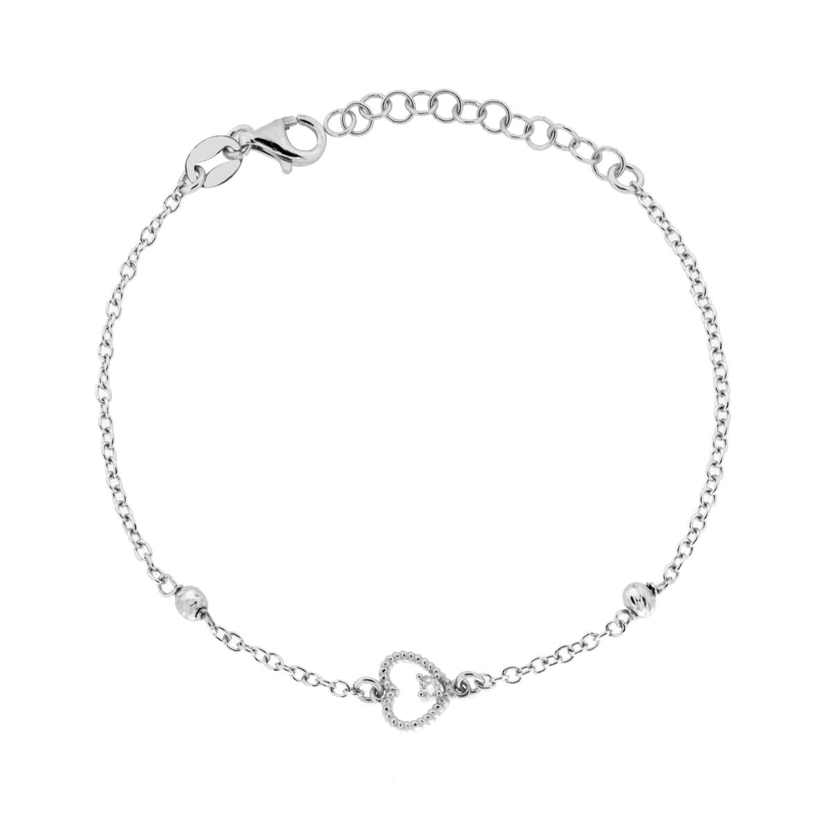 Bracciale Catena Forzatina Diamantata con Cuore Cubic Zirconia Bianco e Palline Slash in ARGENTO 925 Galvanica Rodio<BR>