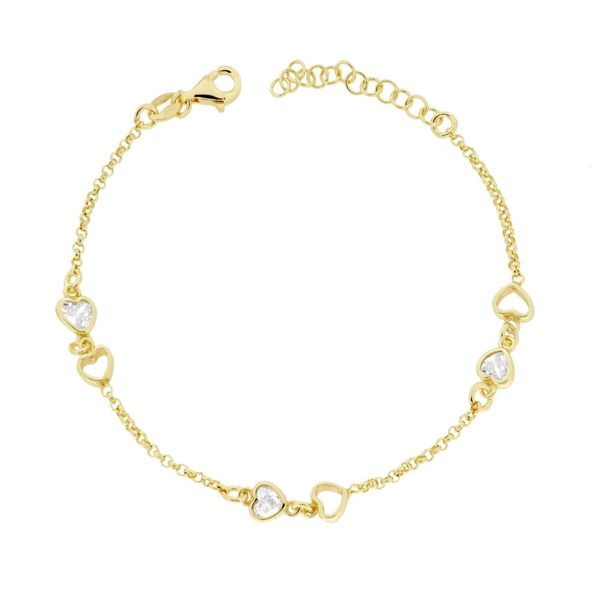 Bracciale Catena Rolo Diamantata con Cuori e Cubic Zirconia Bianchi in ARGENTO 925 Galvanica Oro<BR>
