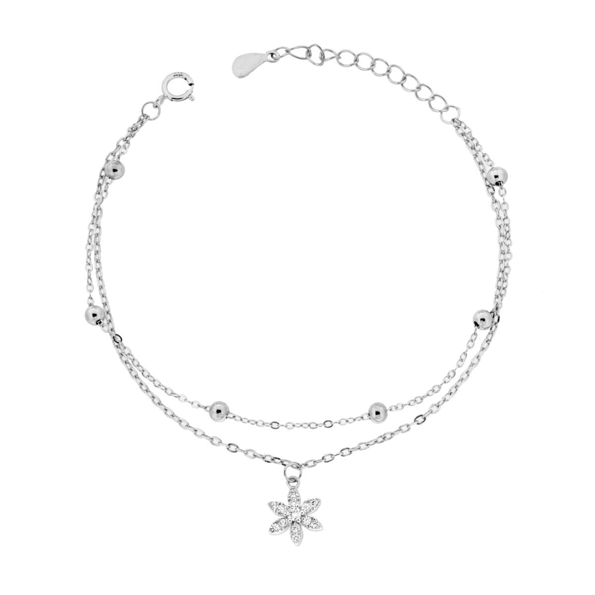 Bracciale due fili Catena Forzatina Diamantata con Fiore e Cubic Zirconia Bianchi in ARGENTO 925 Galvanica Rodio<BR>