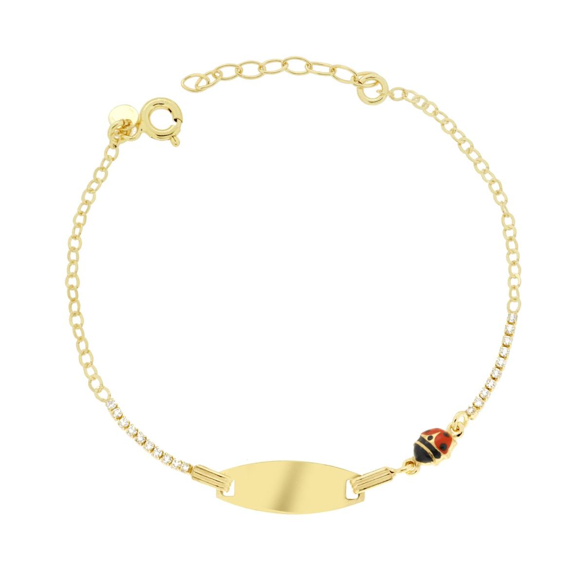 Bracciale Bimbo Bimba Targa Ovale con Catena Forzatina Diamantata Tennis Cubic Zirconia Bianchi e Coccinella Smalto Rosso in ARGENTO 925 Galvanica Oro<BR>