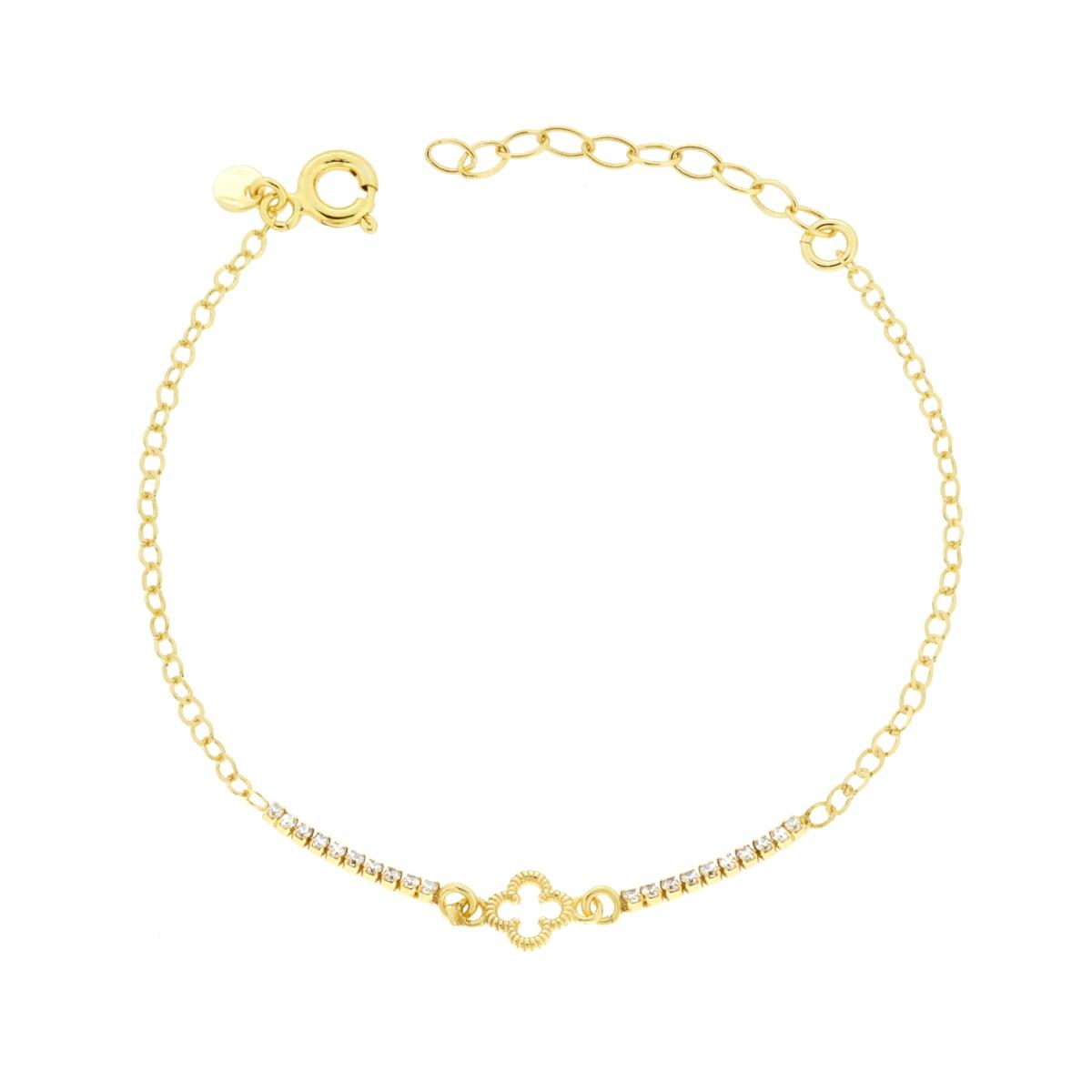 Bracciale Catena Forzatina Diamantata e Tennis Cubic Zirconia Bianchi e Quadrifoglio in ARGENTO 925 Galvanica Oro<BR>