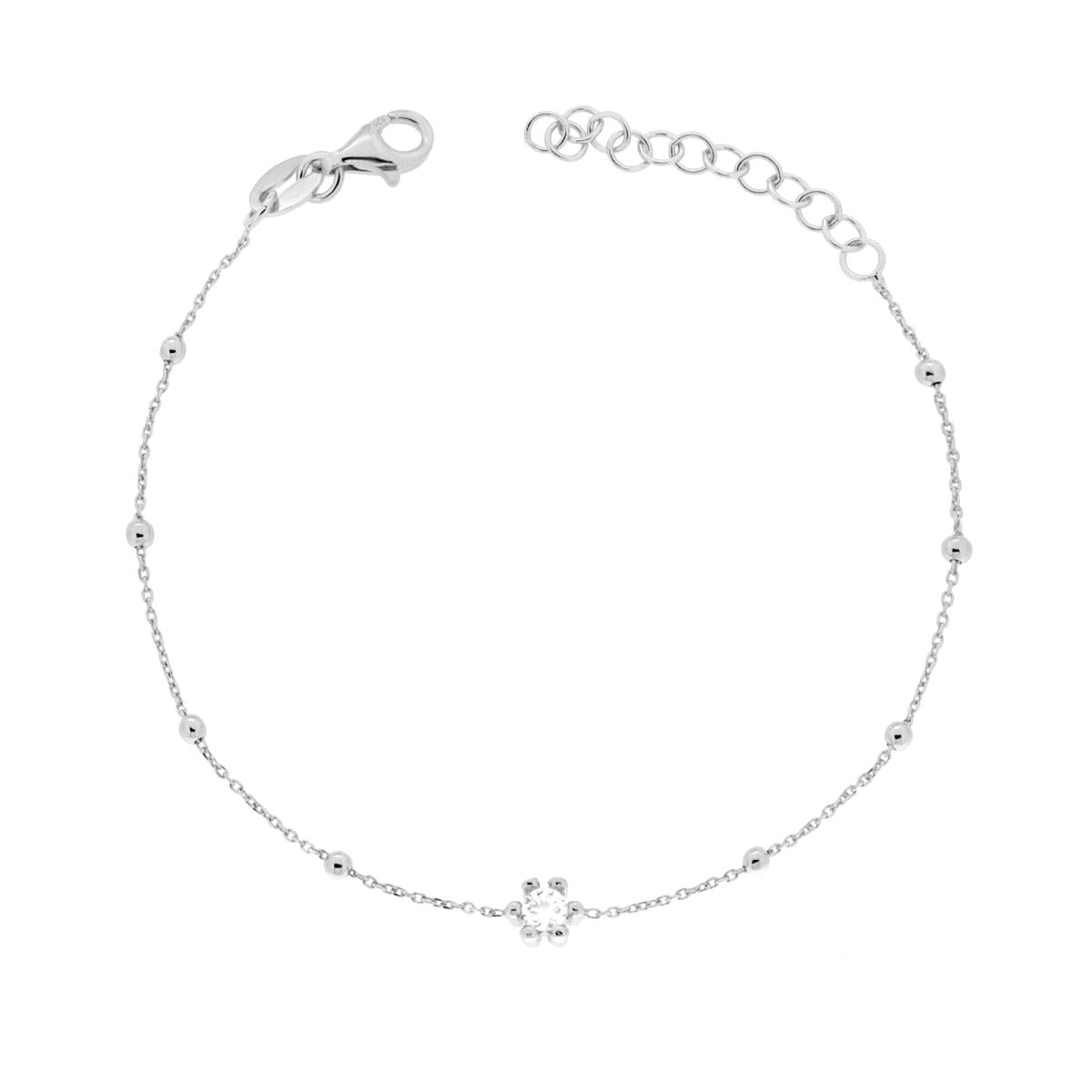 Bracciale Catena Forzatina Diamantata con Palline e Punto Luce Cubic Zirconia Bianco in ARGENTO 925 Galvanica Rodio<BR>