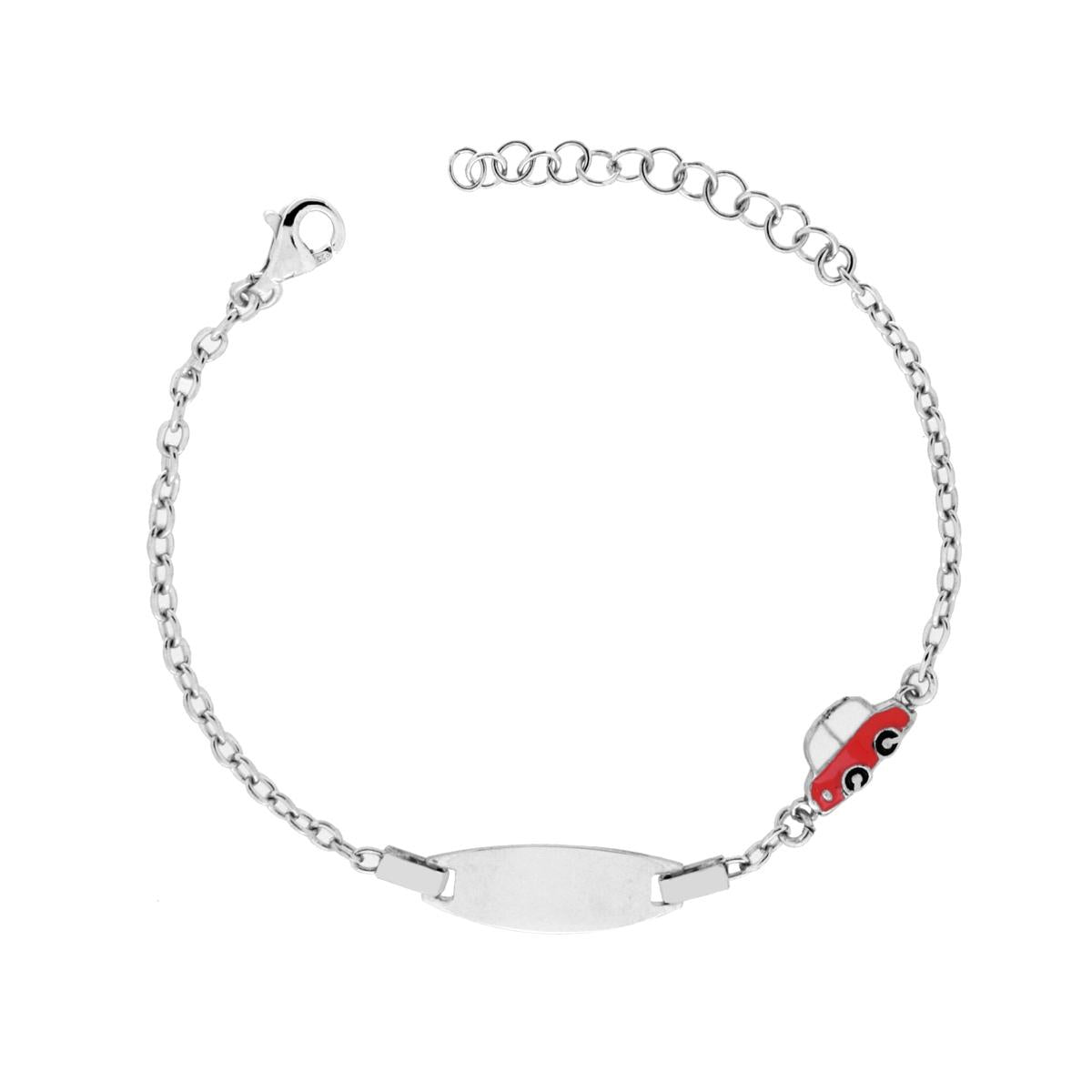 Bracciale Bimbo Bimba Targa Ovale con Catena Forzatina Diamantata e Macchinina con Smalto Rosso in ACCIAIO<BR>
