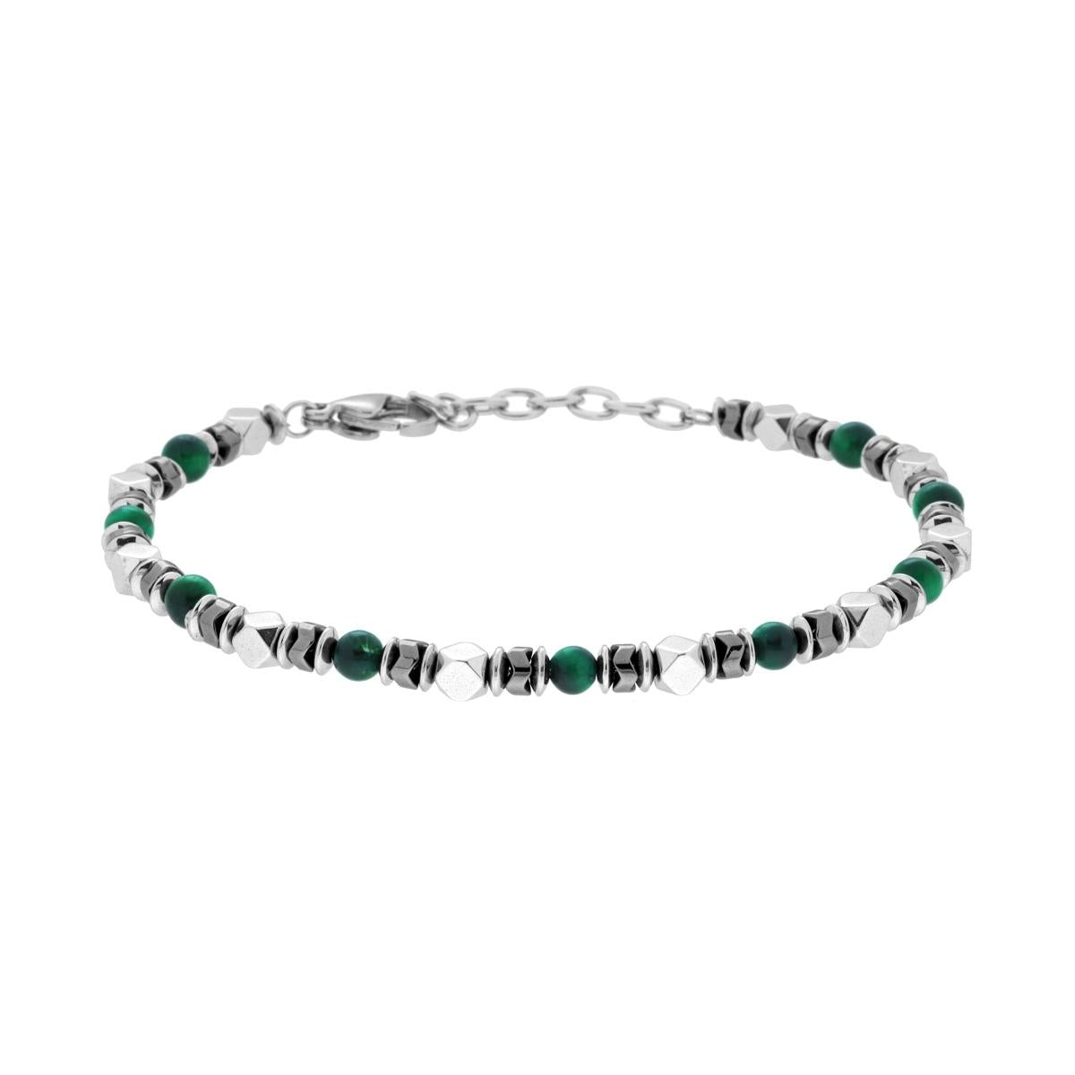 Bracciale Catena con Cubetti e Pietre colore Verde Malachite in ACCIAIO<BR>