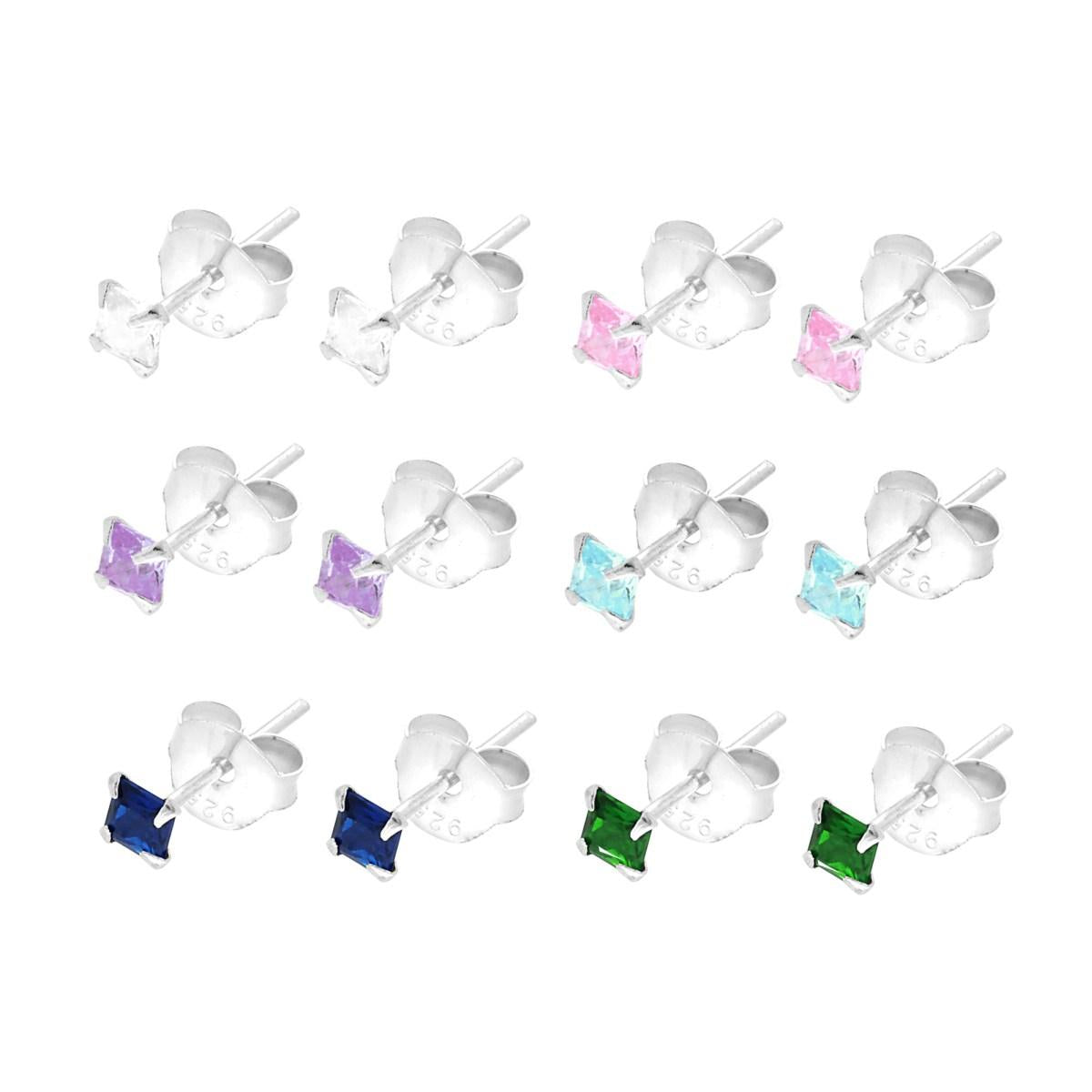 Orecchini Punto Luce Quadrato mm 2.5 a Griffe con Cubic Zirconia Multicolor in ARGENTO 925