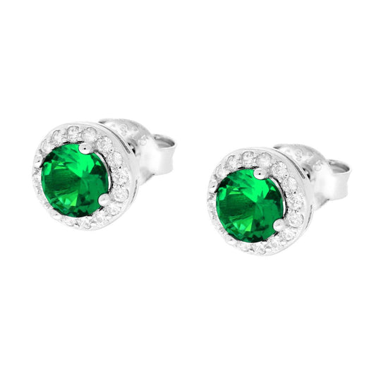 Orecchini forma Tonda con Zircone Verde Smeraldo contornato con Zirconi Bianchi in ARGENTO 925 Galvanica Rodio