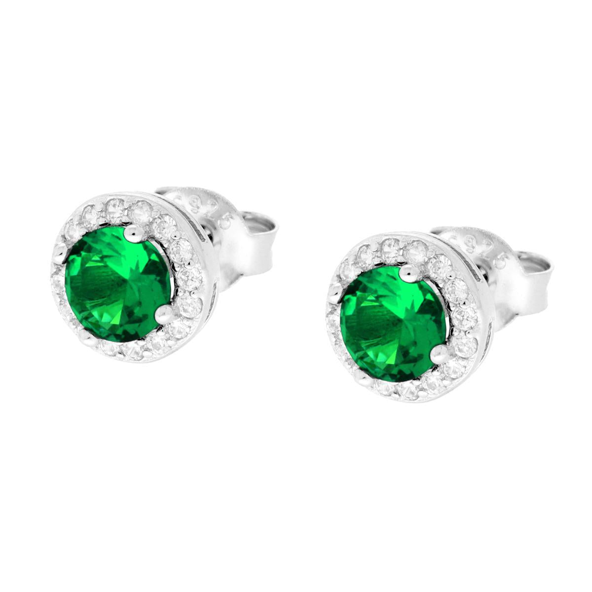 Orecchini forma Tonda con Zircone Verde Smeraldo contornato con Zirconi Bianchi in ARGENTO 925 Galvanica Rodio