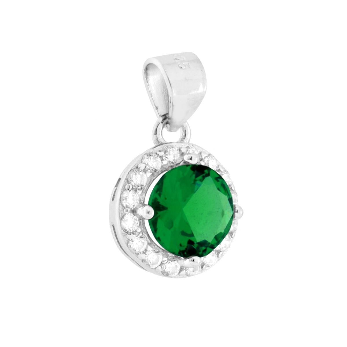 Ciondolo Tondo Verde Smeraldo con Cubic Zirconia Bianchi in ARGENTO 925 Galvanica Rodio