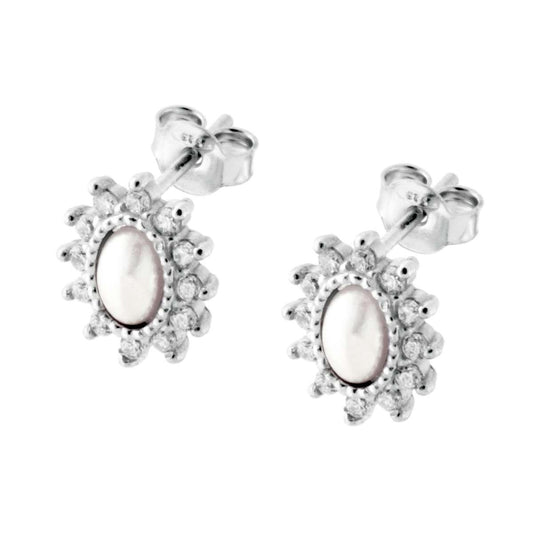 Orecchini Ovali con Perla e Zirconi Bianchi in ARGENTO 925 Galvanica Rodio